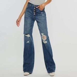 KanCan Distressed High-Rise Wide Leg Jeans in Dark Blue